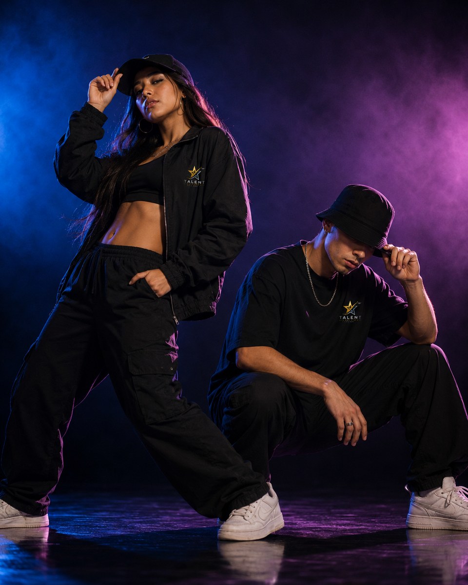 Bailarina y bailarín profesionales en movimiento para Talent Star Mark.