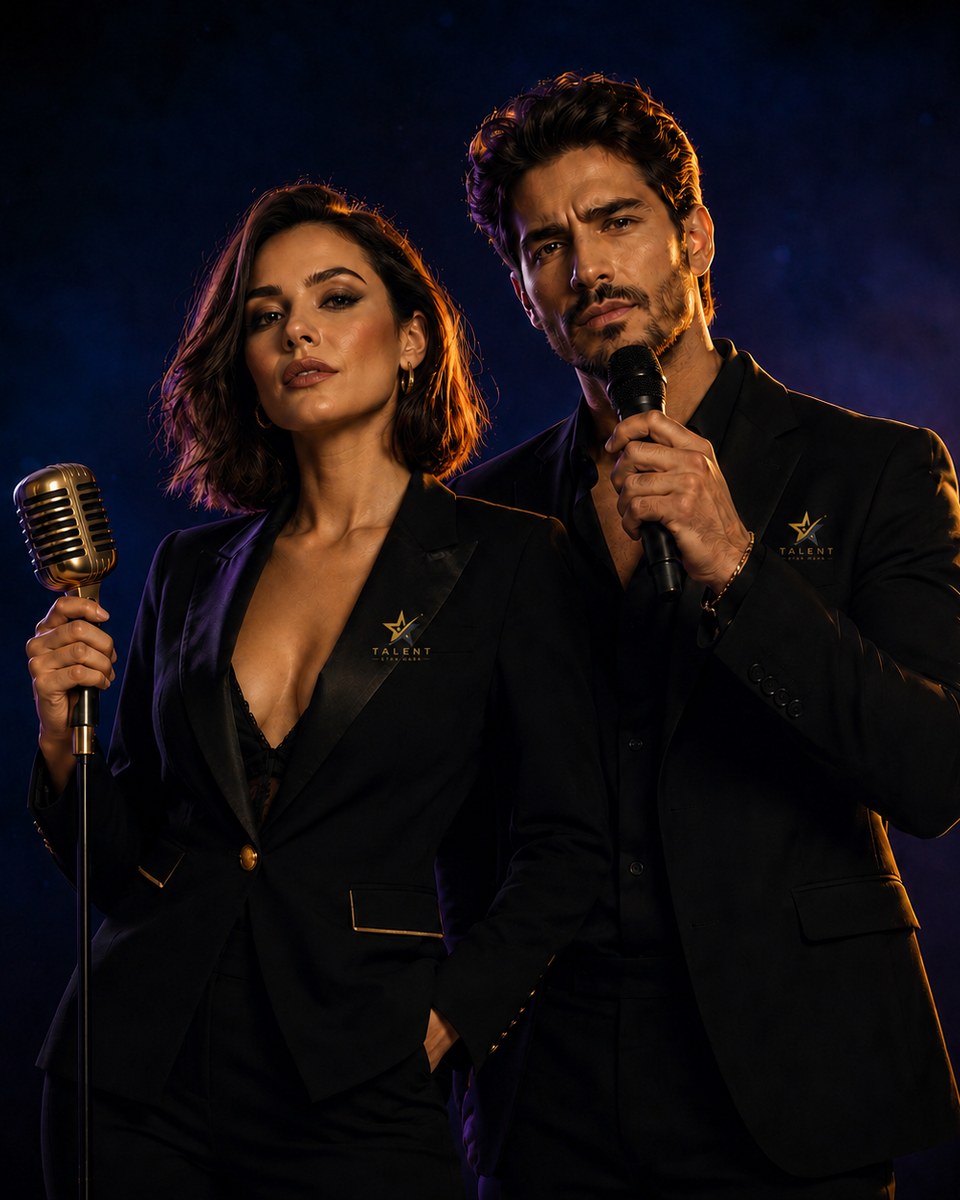 Cantantes profesionales probando micrófonos en un estudio de Talent Star Mark.