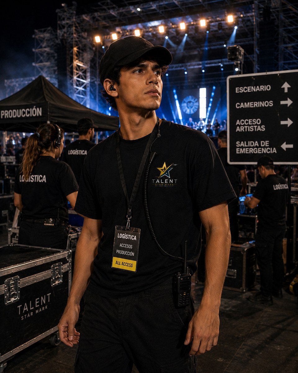 Coordinador logístico trabajando en la operación de un evento de Talent Star Mark.